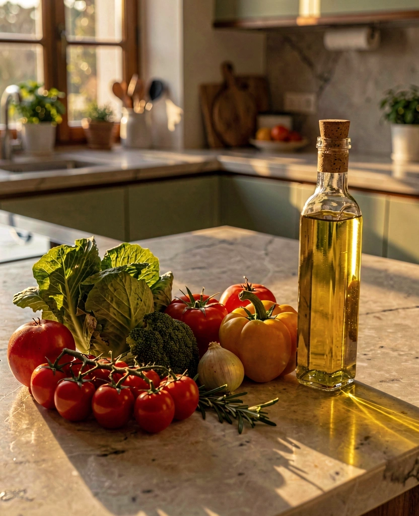 Ingredientes saludables en una cocina iluminada por el sol