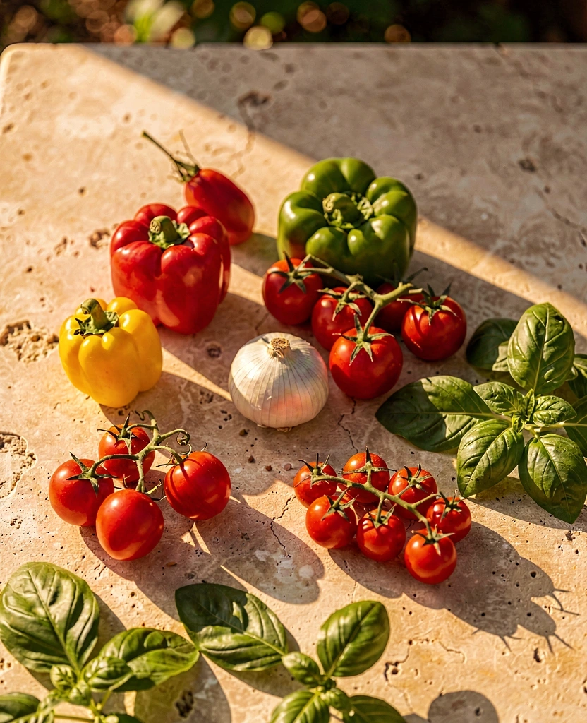 Ingredientes frescos bajo luz natural